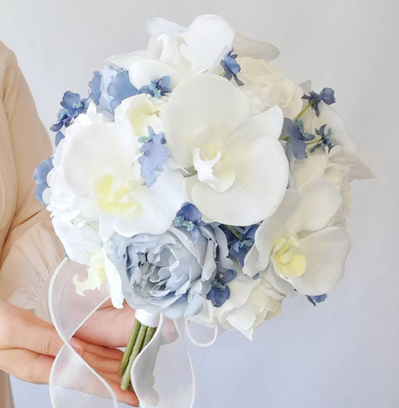直径約20cm❀胡蝶蘭とローズのウェディングブーケ&ブートニア