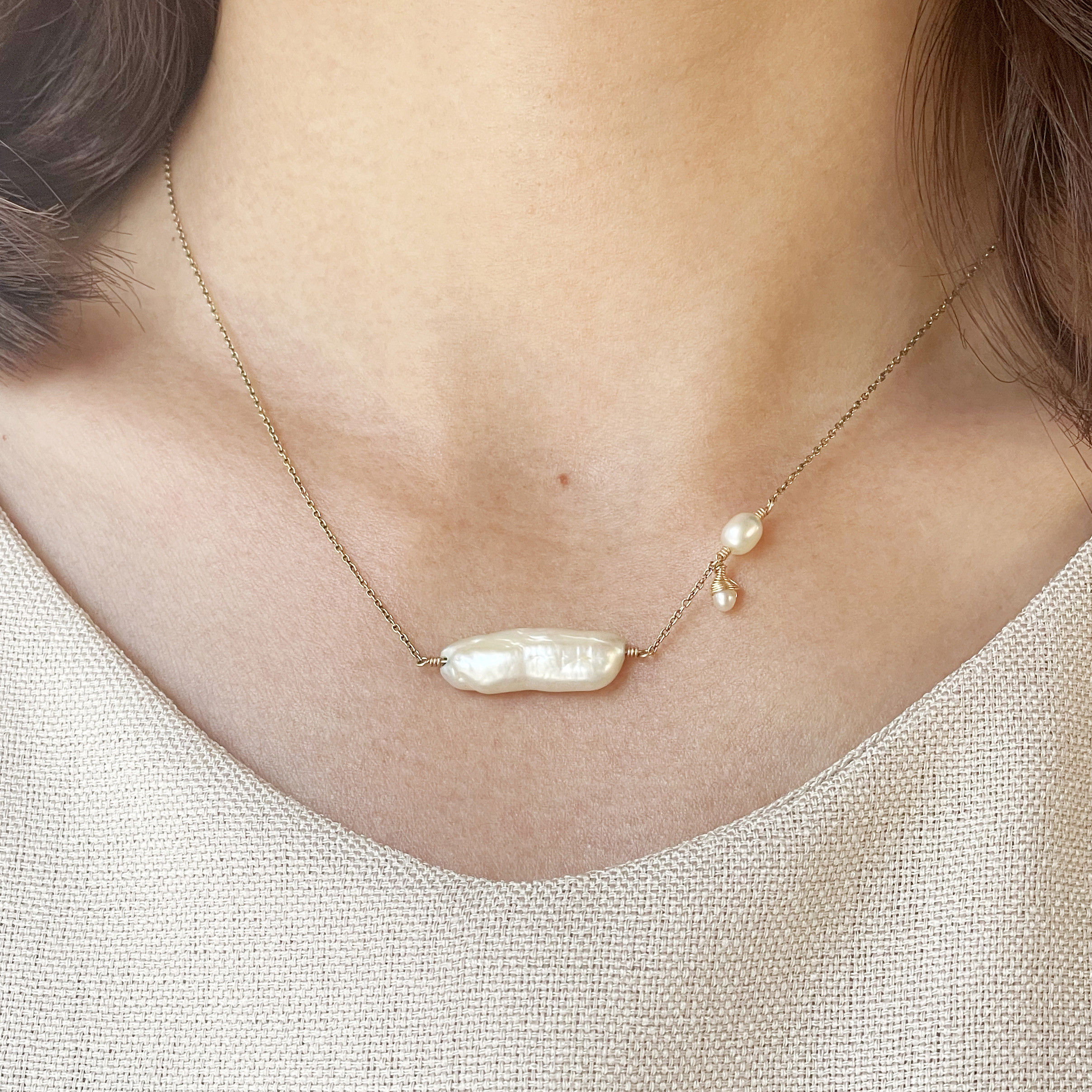 淡水パールのアシンメトリーネックレス｜14kgf