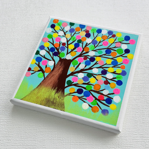15cm】幸せの実 木 キャンバスアート カラフル アクリル絵の具 ※運気