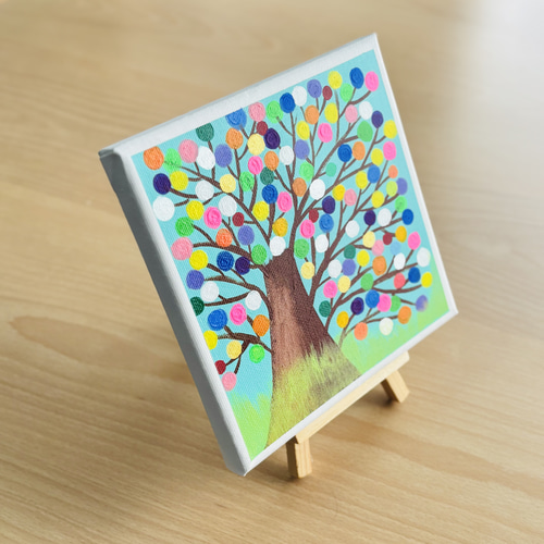 15cm】幸せの実 木 キャンバスアート カラフル アクリル絵の具 ※運気