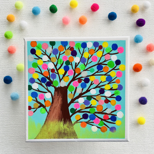 15cm】幸せの実 木 キャンバスアート カラフル アクリル絵の具 ※運気