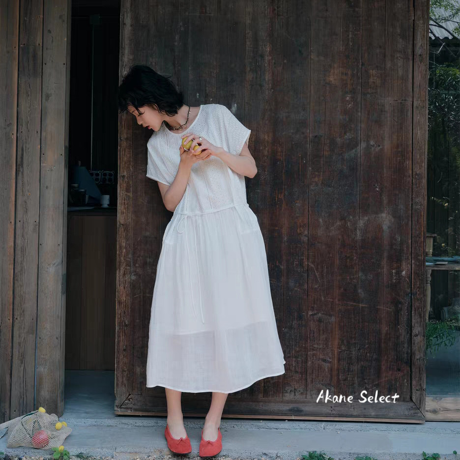 【コットンリネン★楽ちんホワイトワンピース】かわいい夏服│クルーネック│レース│涼しく過ごせる│O-106LB