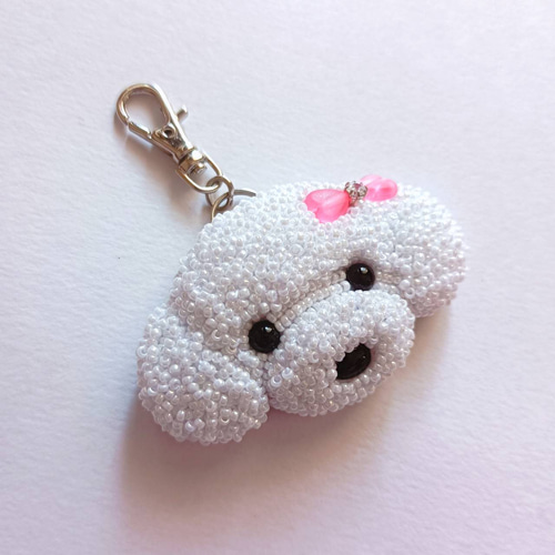 受注製作】トイプードル 白 ピンクリボン チャーム バッグチャーム