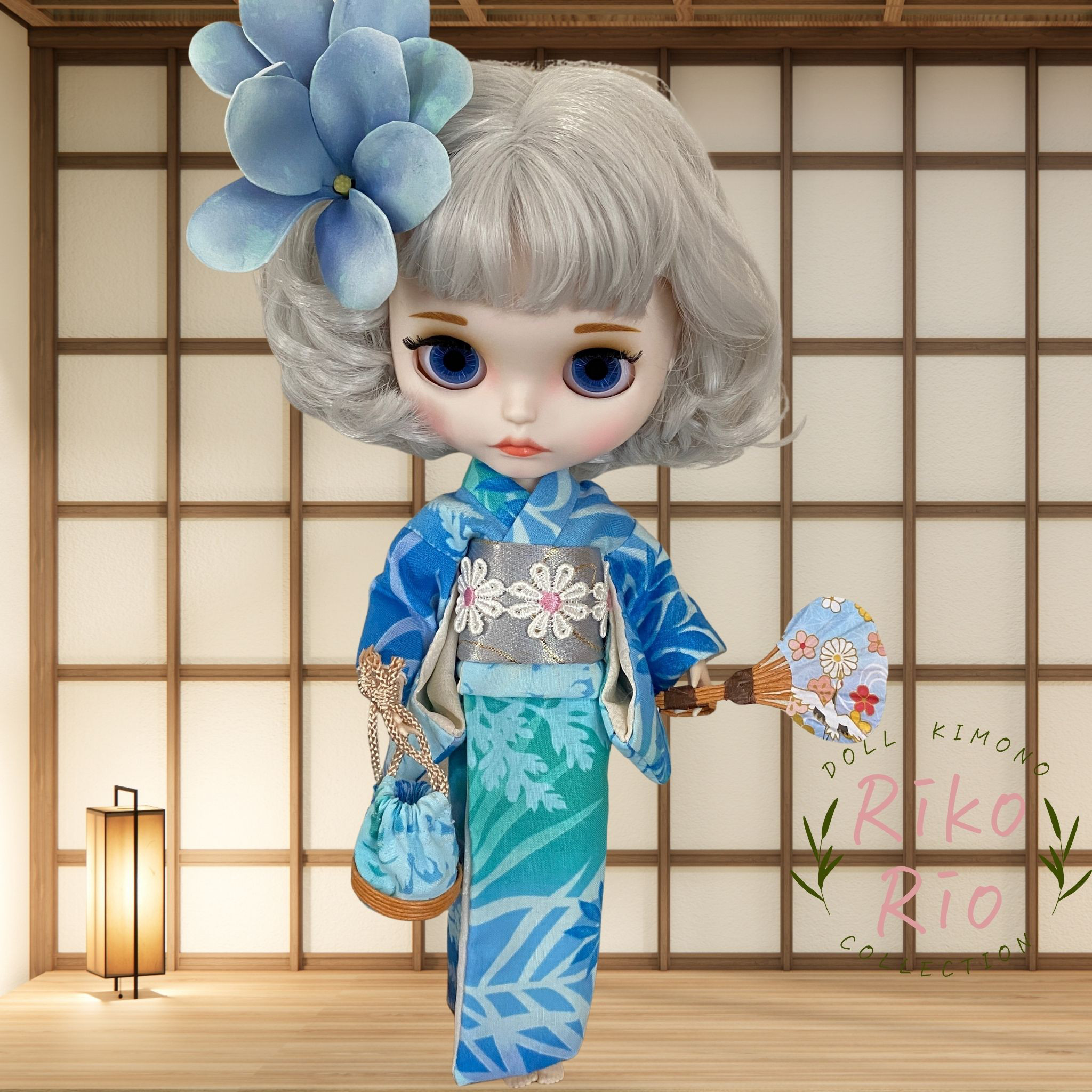 ブライス着物 ☆浴衣セット【【夏の風をまとう、ブルーグラデーション浴衣】】