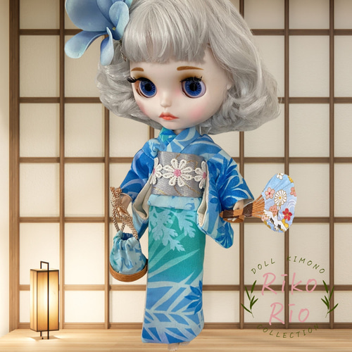 ブライス着物 ☆浴衣セット【【夏の風をまとう、ブルーグラデーション