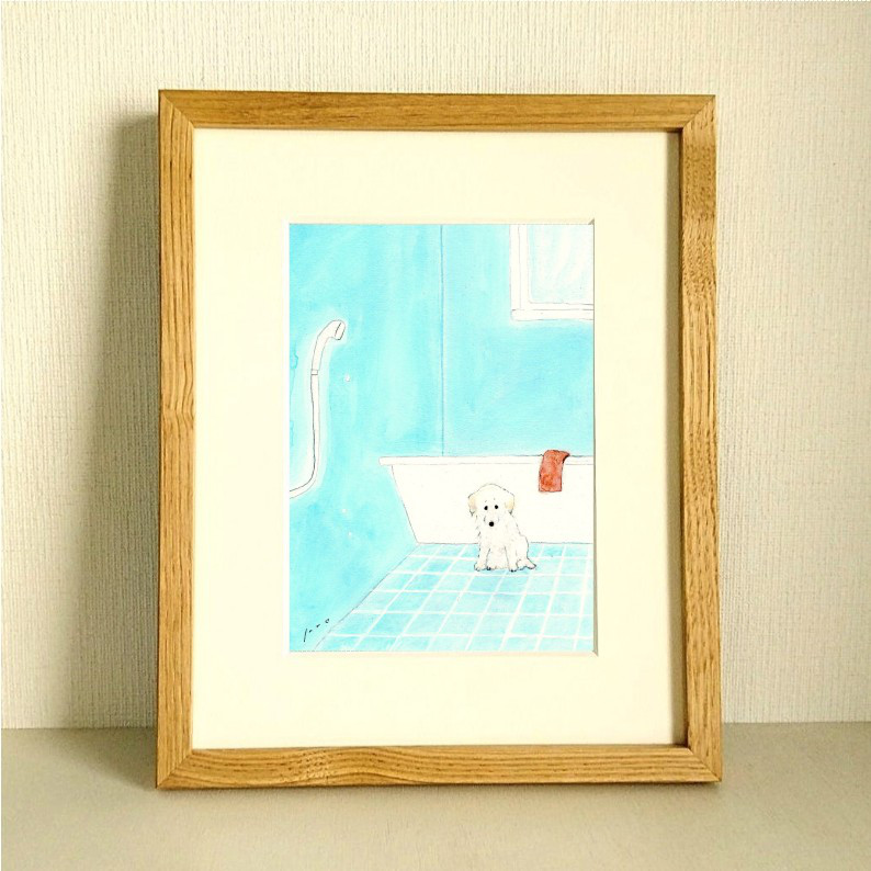 「シャワーの日」原画 イラスト　※木製額縁入り（インチサイズ）インテリアアート