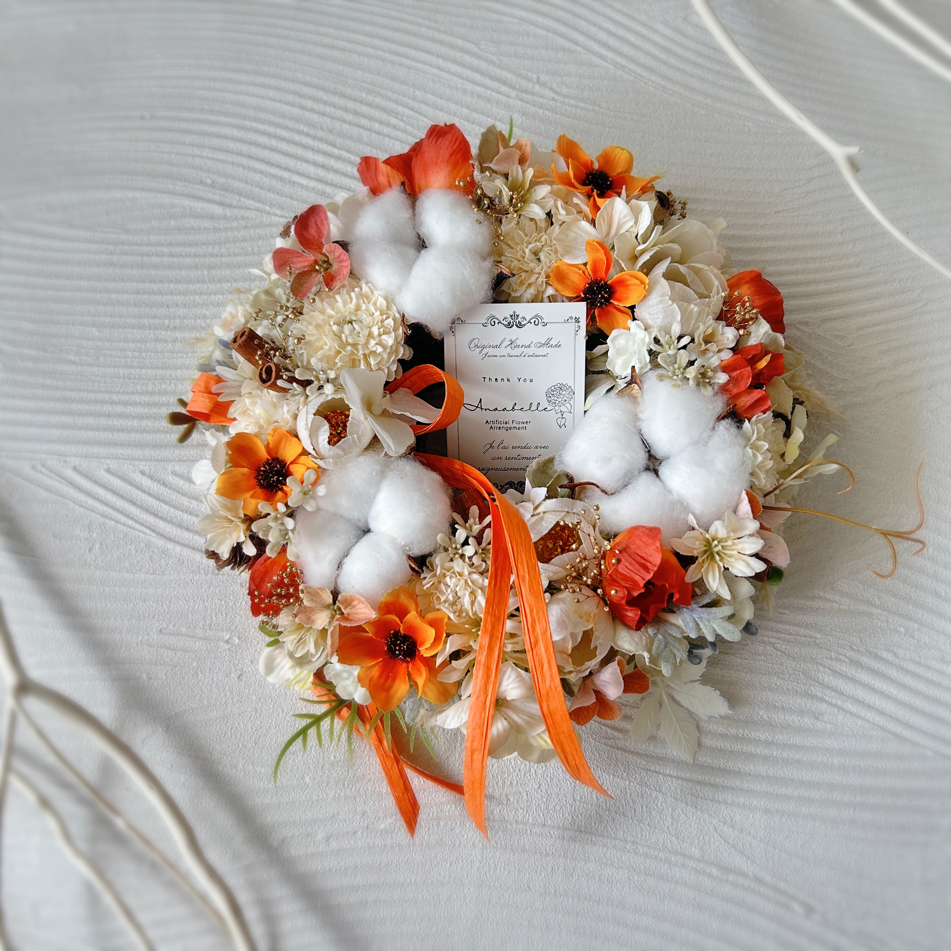 コットンとオレンジコスモスの秋色キャンドルリース 直径22cm 無料ラッピング ハロウィン 玄関 壁掛け 誕生日ギフト