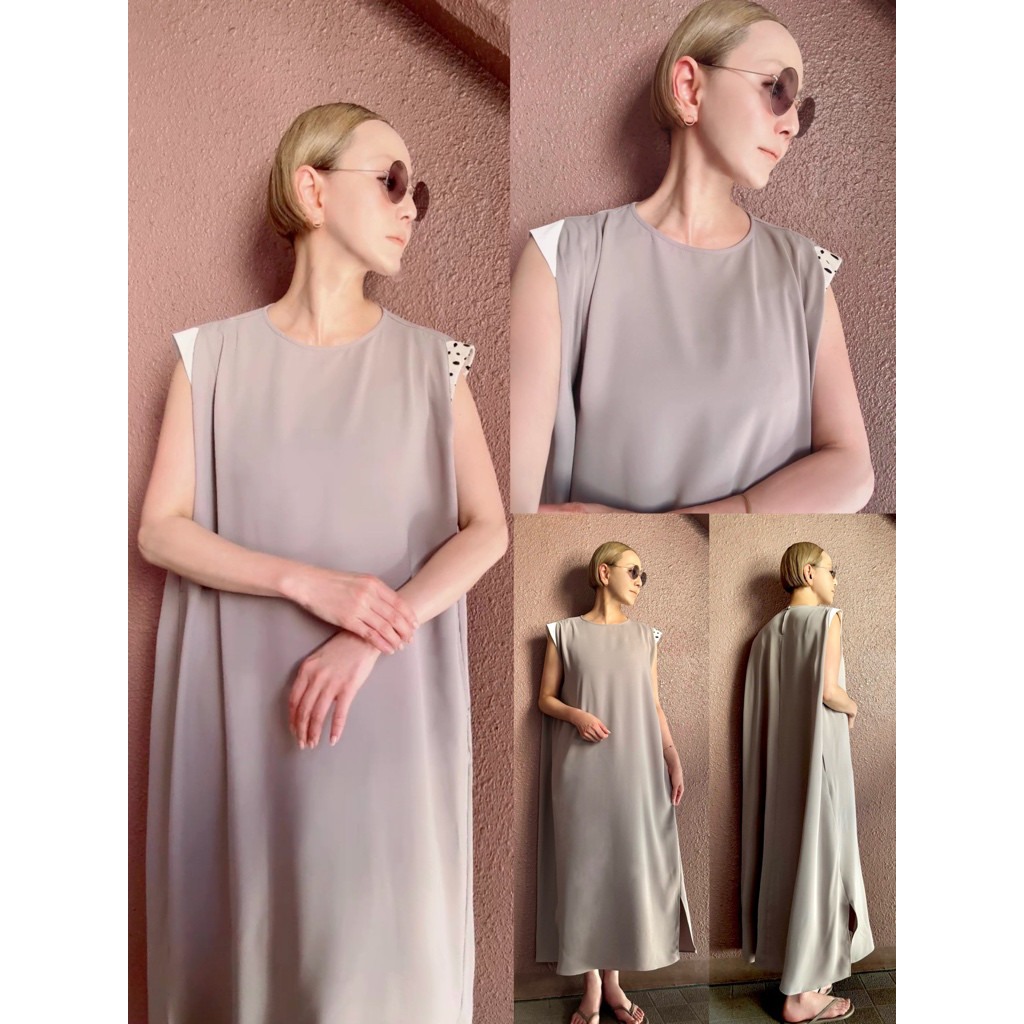 袖＆長さ選べる❤️ひんやり冷感ワンピース❤️UVカット＆防しわ❤️優秀設計で腕も細見え❤️落ち感テロン素材❤️グレージュ