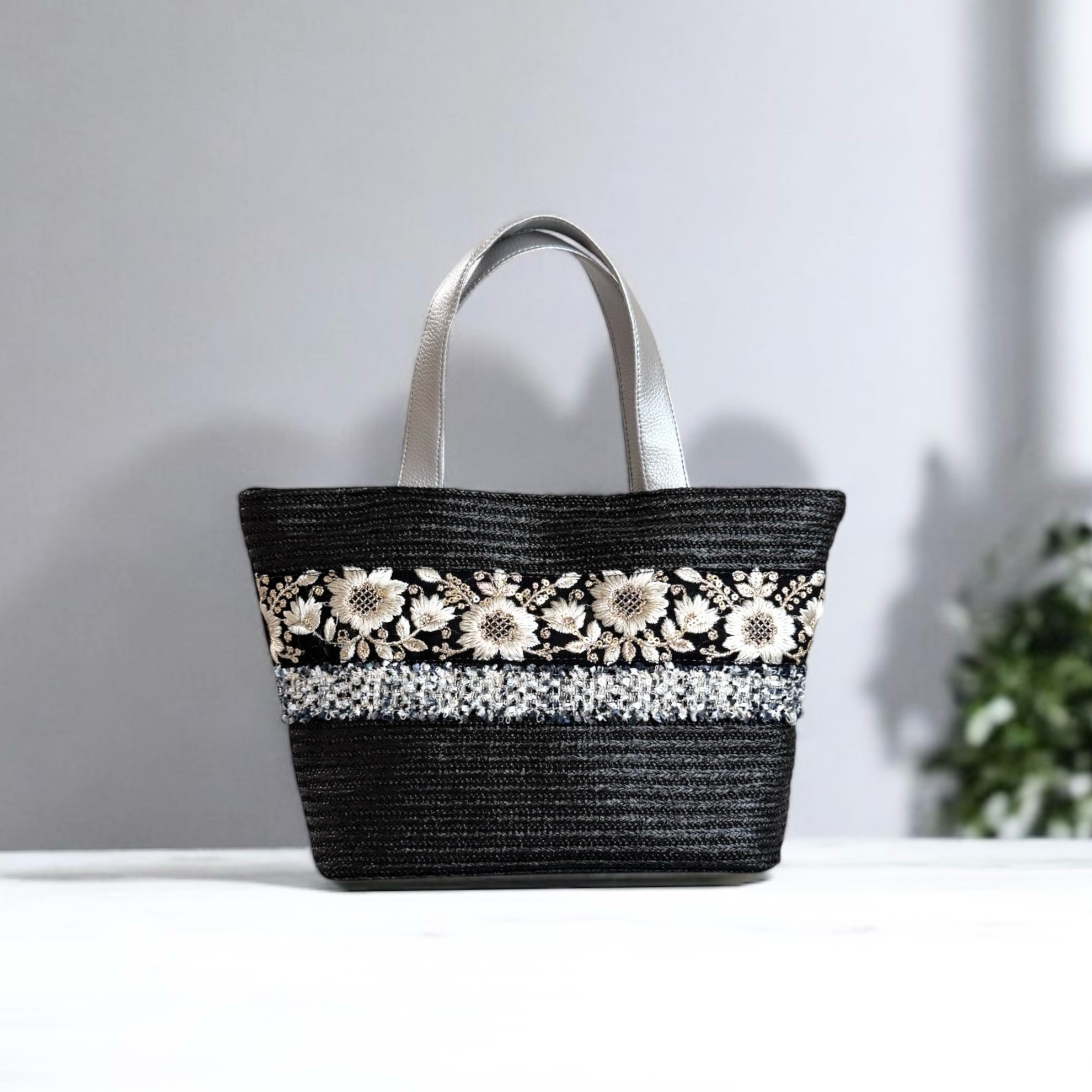 インド刺繍 かごバッグ 軽量/ブラック