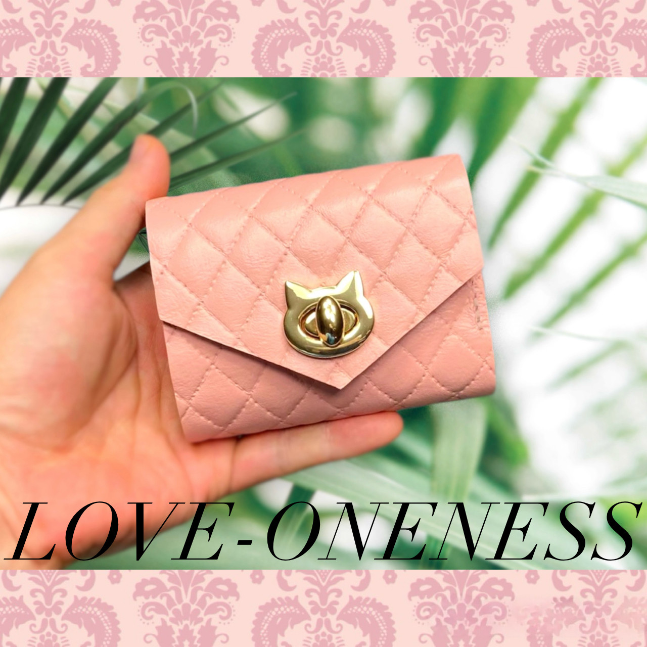 ❤【高級感×可愛い♪】お洒落可愛い猫モチーフの総本革コンパクトミニ財布♪桜色 ベビーピンク キルティング 上品♪