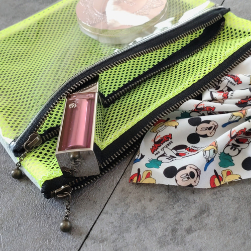 1~4）中身が見えるファスナーポーチ リメイクデニム メッシュ素材 pvc