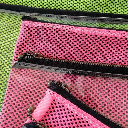1~4）中身が見えるファスナーポーチ リメイクデニム メッシュ素材 pvc