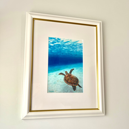 絵画　海亀　海 絵画 原画 色鉛筆画 額縁付き 海亀 海 《 気持ちがいい − 海亀
