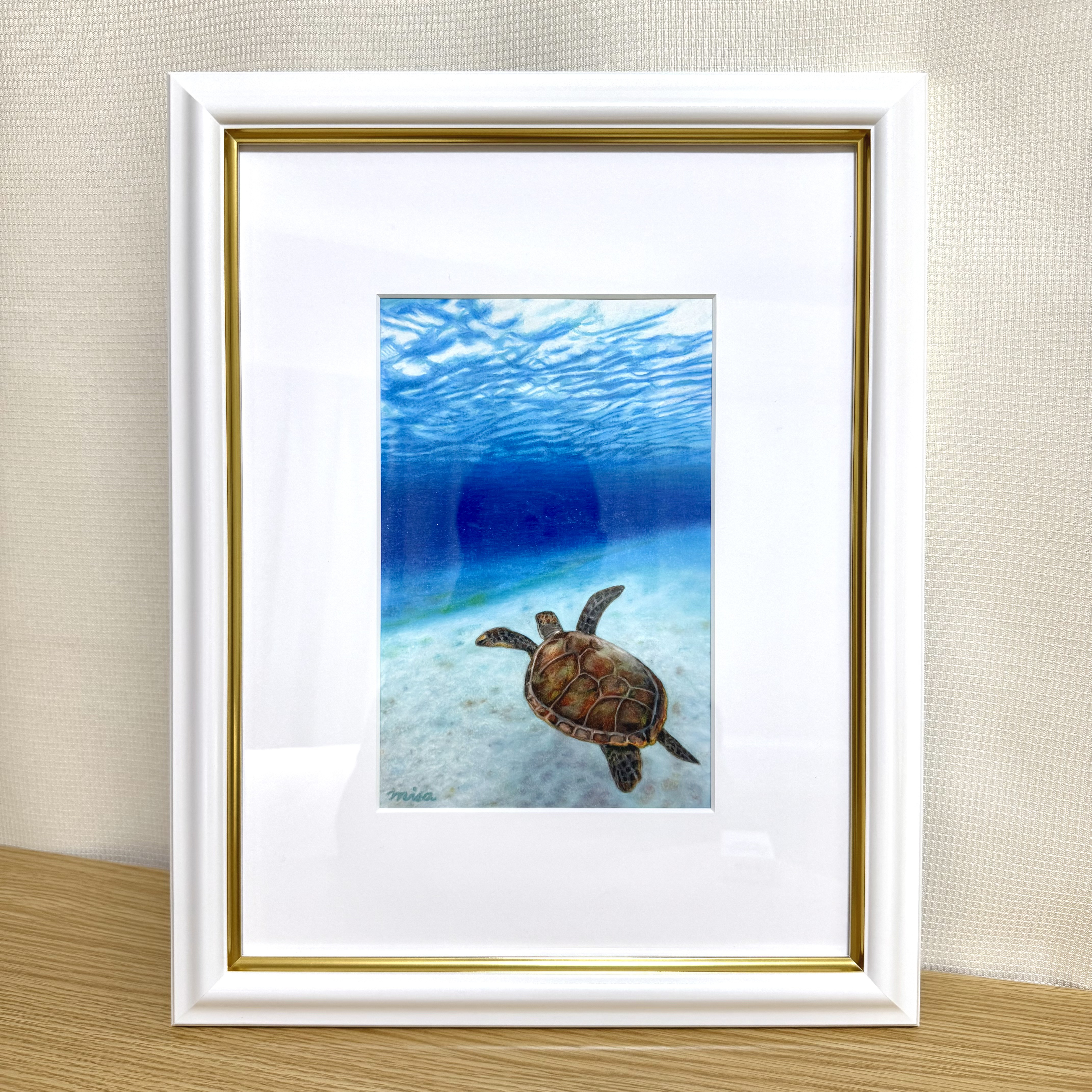 絵画 原画 色鉛筆画 額縁付き 海亀 海 《 気持ちがいい − 海亀