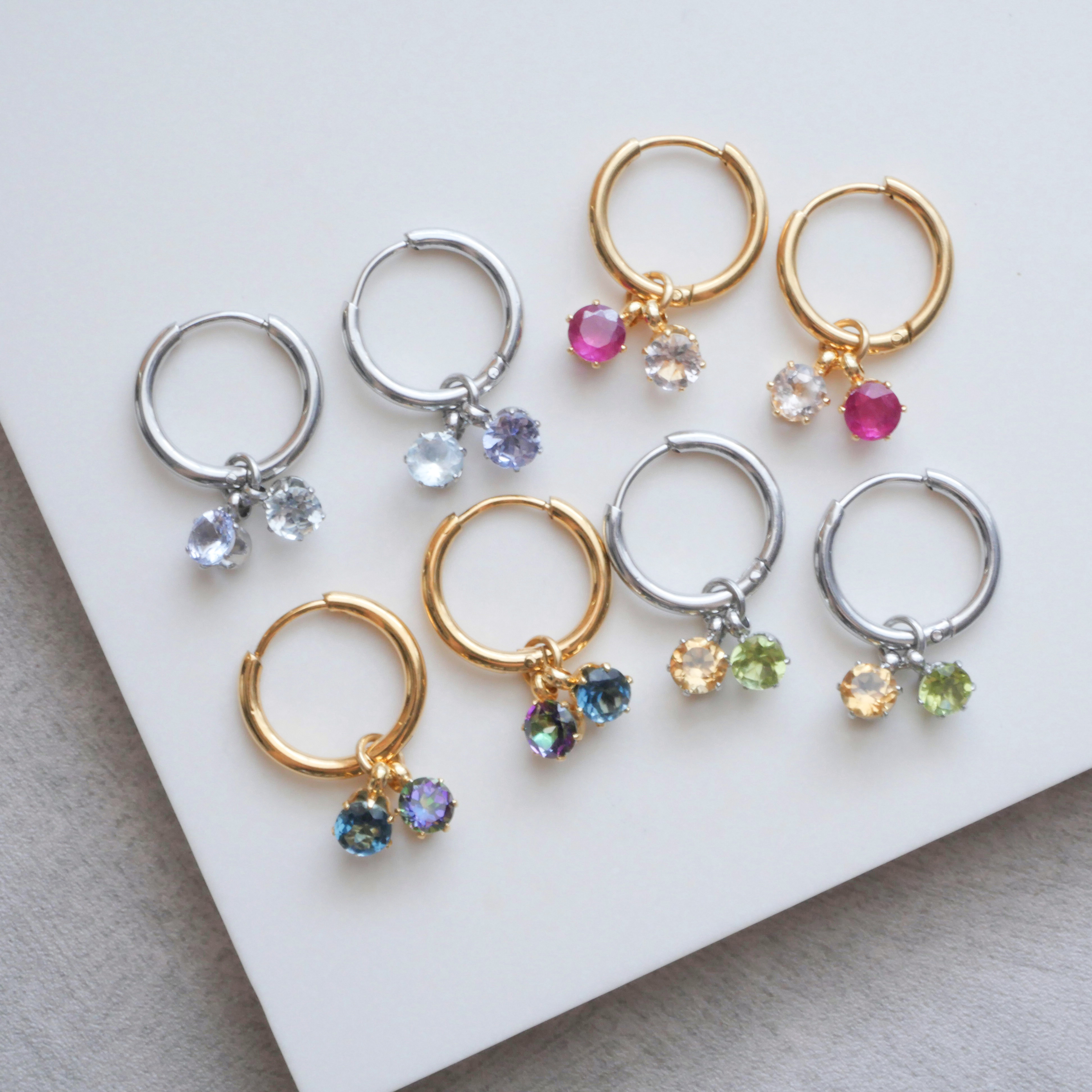 選べる二粒の誕生石 フープピアス/イヤリング　サージカルステンレス　金属アレルギー対応　天然石　プレゼント　金アレ対応