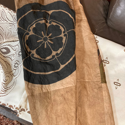 のぼり旗と歌舞伎柄の柿渋染めパンツ 古布リメイク ロングパンツ 着物