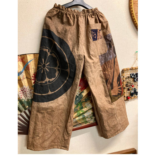 のぼり旗と歌舞伎柄の柿渋染めパンツ 古布リメイク ロングパンツ 着物