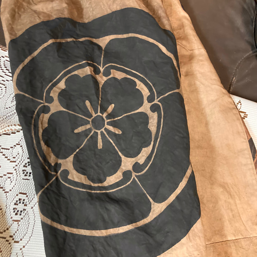 のぼり旗と歌舞伎柄の柿渋染めパンツ 古布リメイク ロングパンツ 着物