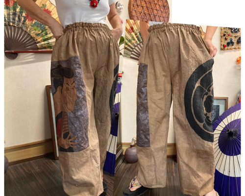 のぼり旗と歌舞伎柄の柿渋染めパンツ 古布リメイク ロングパンツ 着物