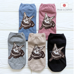 猫さん出品 キジトラ猫柄スニーカーソックス レディース くるぶし 2足セット 送料