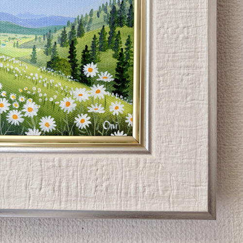 アクリル画　原画　「マーガレットの咲く高原02」額縁付　F0サイズ　風景画 マーガレットの咲く高原03」アクリル画 原画 額縁付 キャンバス