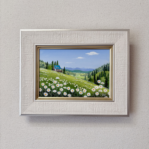 アクリル画　原画　「マーガレットの咲く高原02」額縁付　F0サイズ　風景画 マーガレットの咲く高原03」アクリル画 原画 額縁付 キャンバス