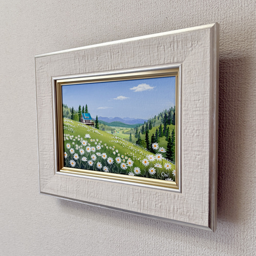 アクリル画　原画　「マーガレットの咲く高原03」額縁付き　SMサイズ　風景画 マーガレットの咲く高原03」アクリル画 原画 額縁付 キャンバス