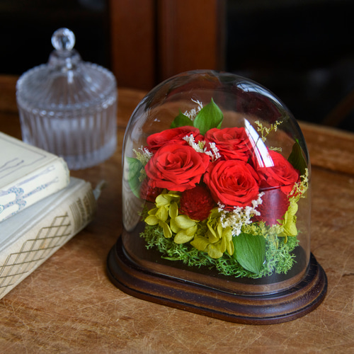 プリザーブドフラワーオーバルガラス 赤いバラ 5輪 アレンジメント