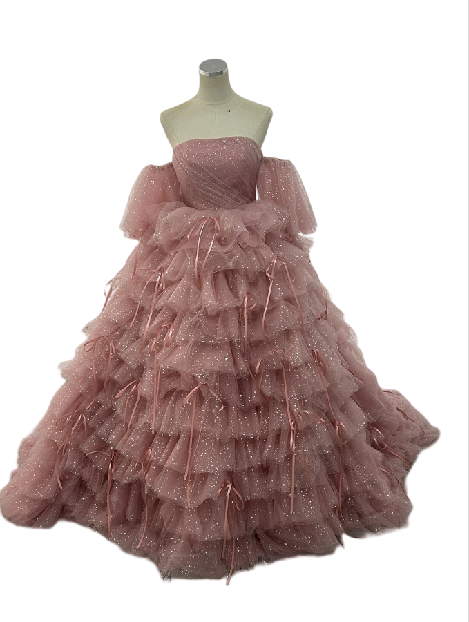 カラードレス キラキラグリッターチュール フリル袖 キラキラドレス ティアードのドレス リボン 抜群におしゃれ度が際立つ