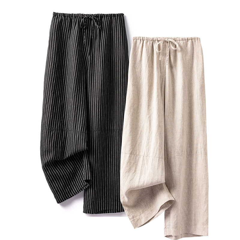 ストライプ柄リネンパンツ　紐調整ウエストリネンパンツ　ワイドパンツ　2色　2サイズ　L681