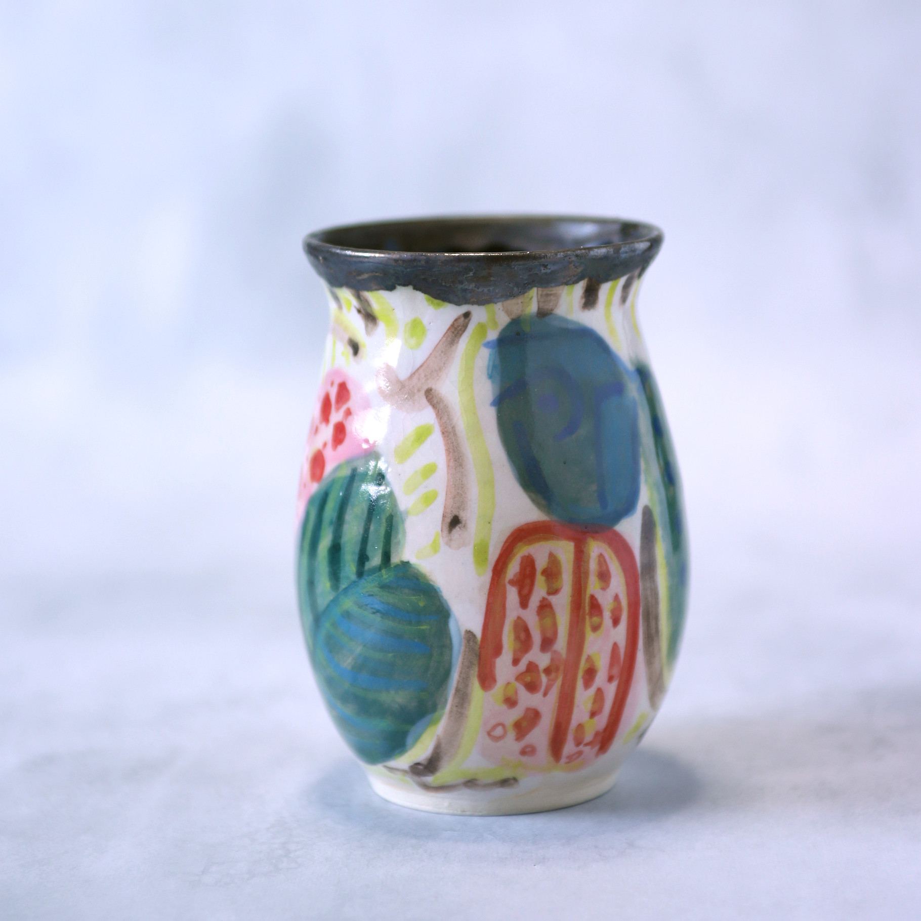 田園風景・手描きデザインの陶器花器