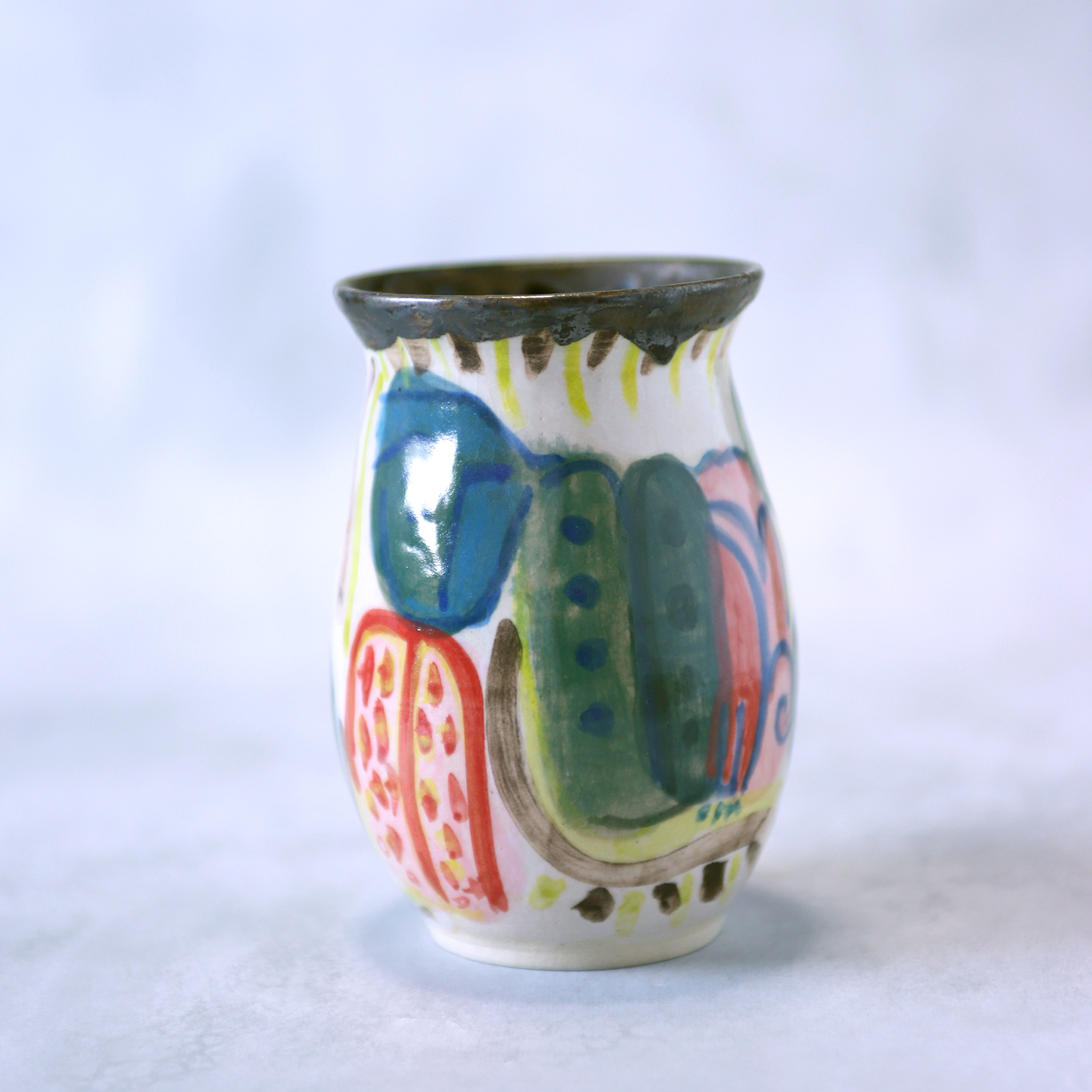 田園風景・手描きデザインの陶器花器