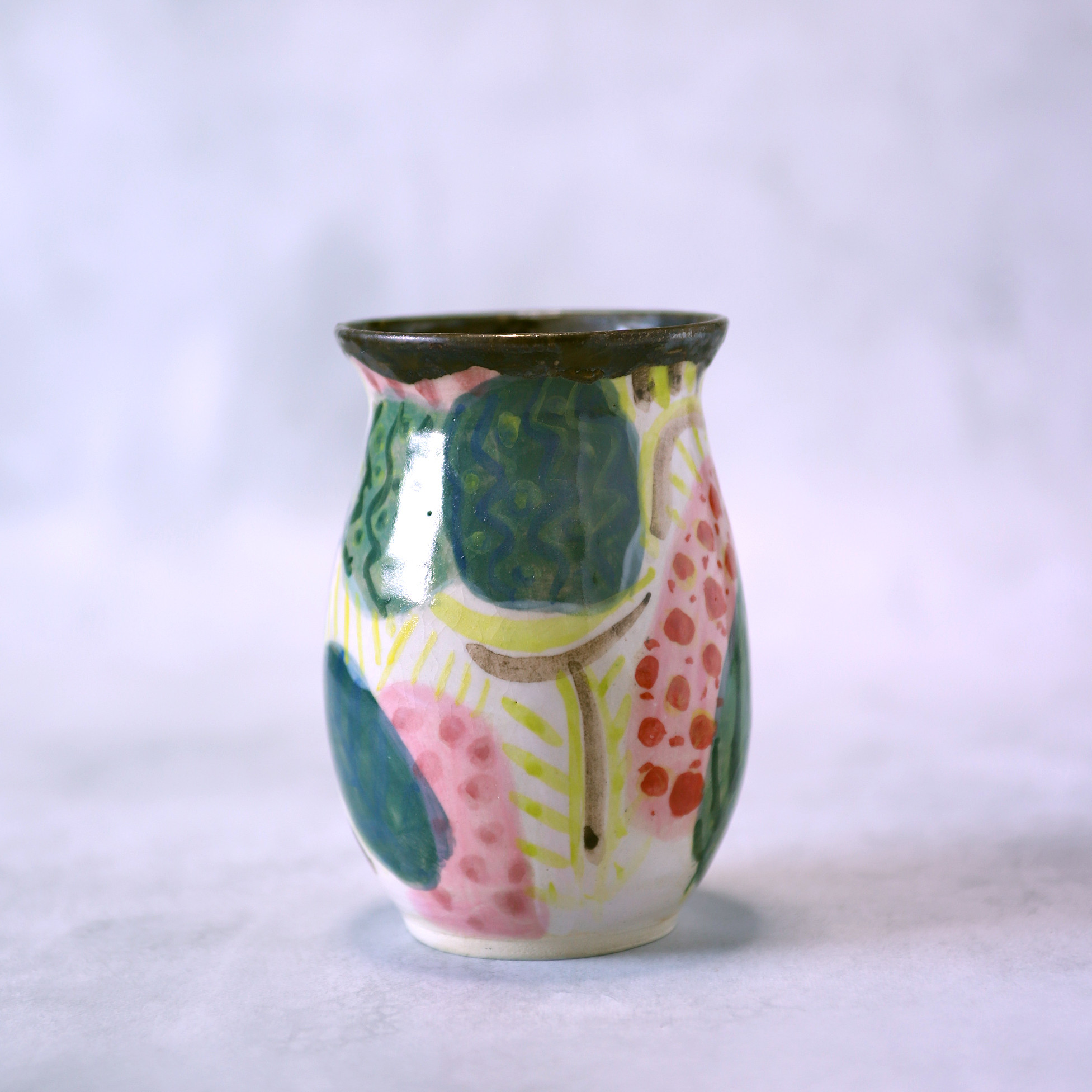 田園風景・手描きデザインの陶器花器