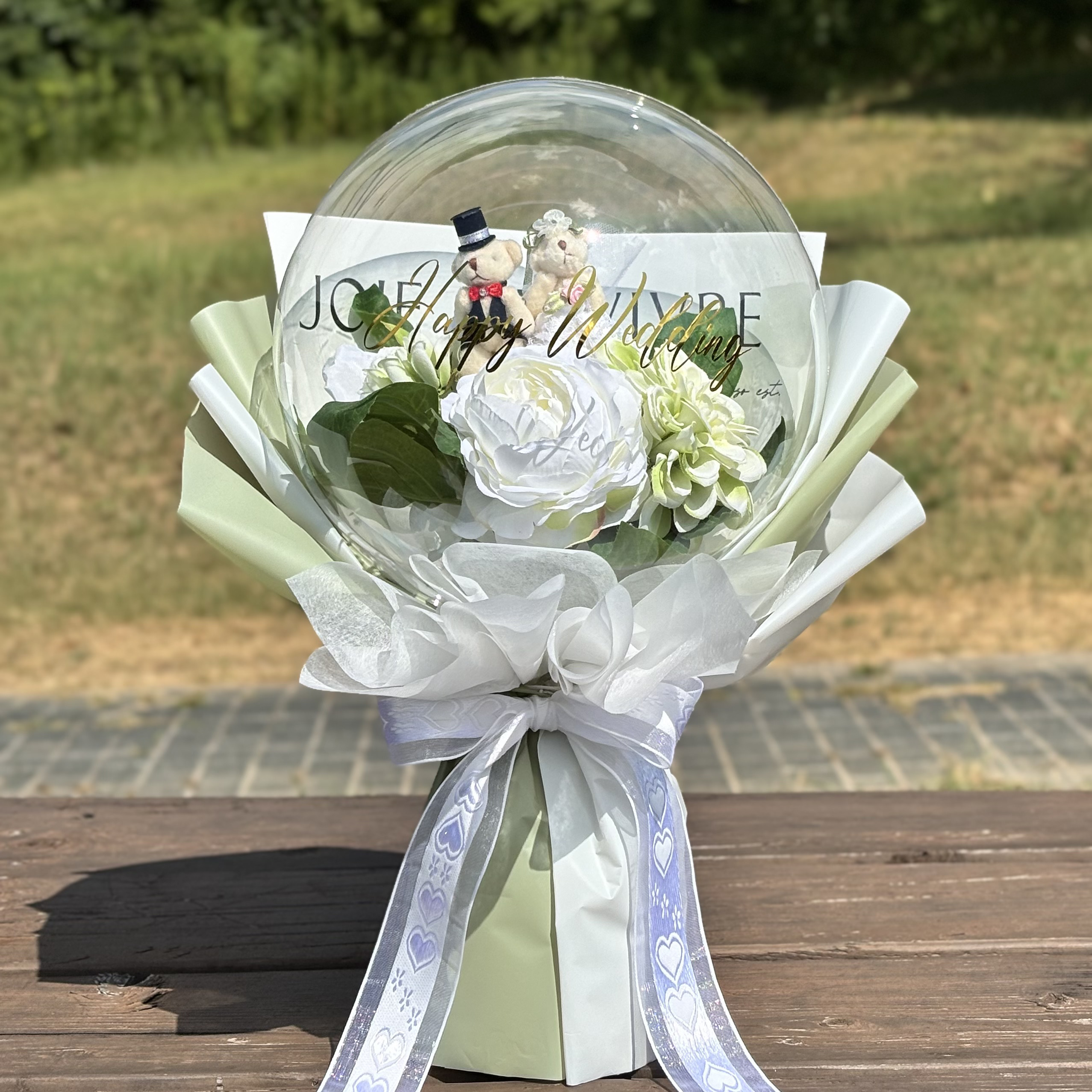 新郎新婦くま入り クリアバルーンブーケ｜結婚祝い・ウェディングギフト｜高品質フラワー｜数量限定
