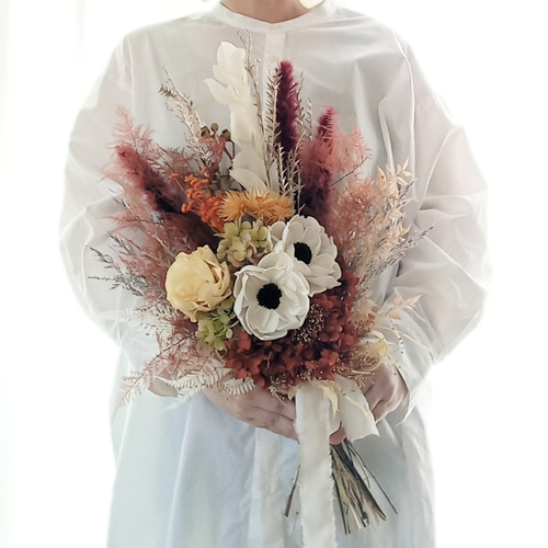 アネモネとテラコッタオレンジのスワッグブーケ プリザーブドフラワー アネモネとテラコッタ✿オレンジカラーのスワッグ❀ブーケ