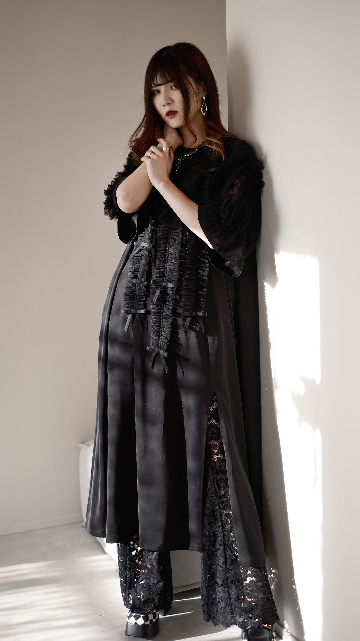 リボンラグランスリーブワンピース / Black