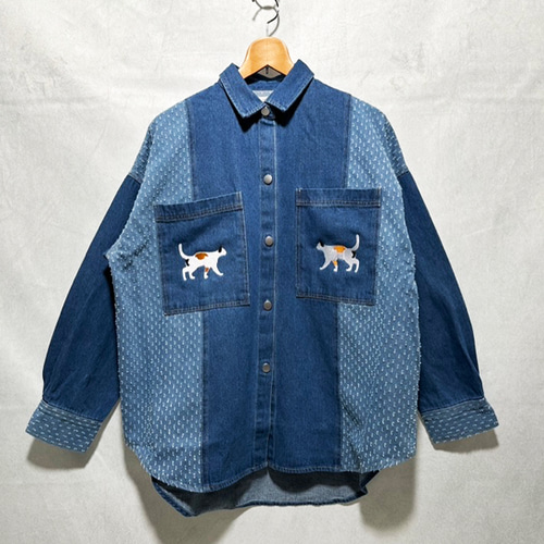 送料無料】三毛猫の刺繍 10オンスビッグポケット長袖デニム大人の