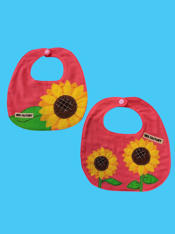 ひまわりのアップリケベビースタイ2枚セット｜選べる全9色｜ガーゼ×パイル｜ベビーギフトにおすすめ 2枚目の画像