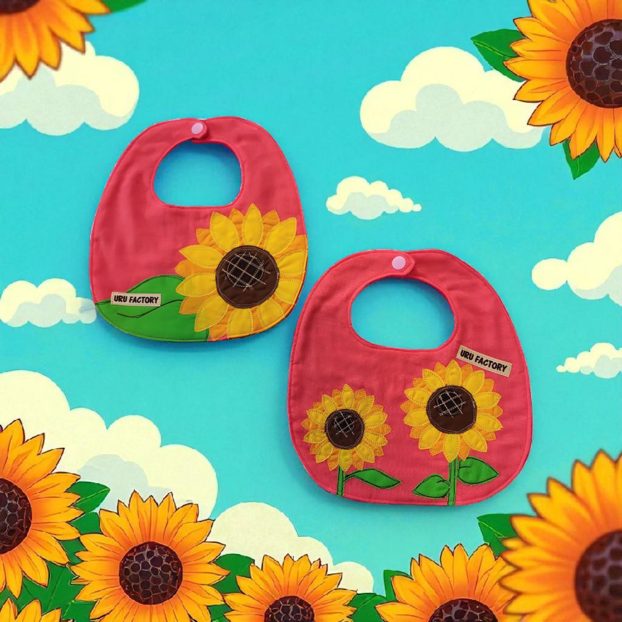 ひまわりのアップリケ ベビースタイ〈2枚セット〉｜手仕事で咲かせたひまわり｜出産祝い・記念ギフトに｜選べる9色