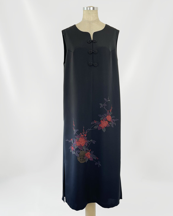 正絹 反物仕立て チャイナ風ロングワンピース ベルト付き 着物リメイク