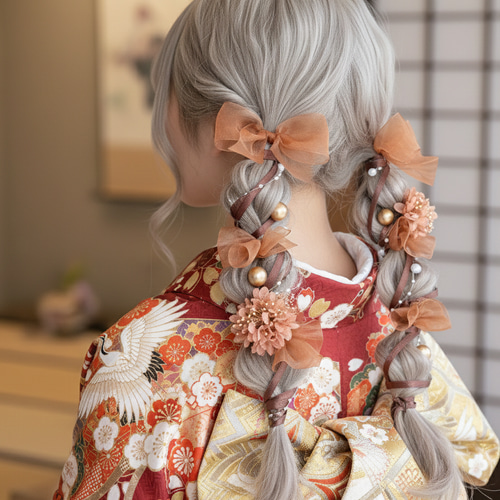 テラコッタ×ゴールド】透け感リボンとパールの髪飾りセット｜成人式