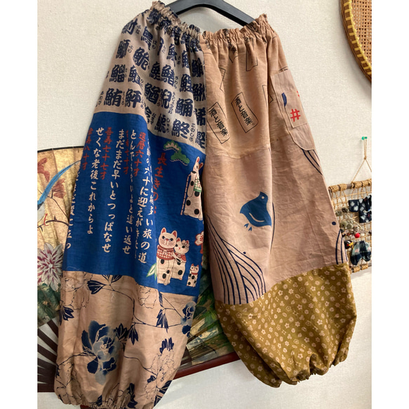 猫柄の手ぬぐい等と浴衣の柿渋染めゆったりパンツ 手ぬぐい
