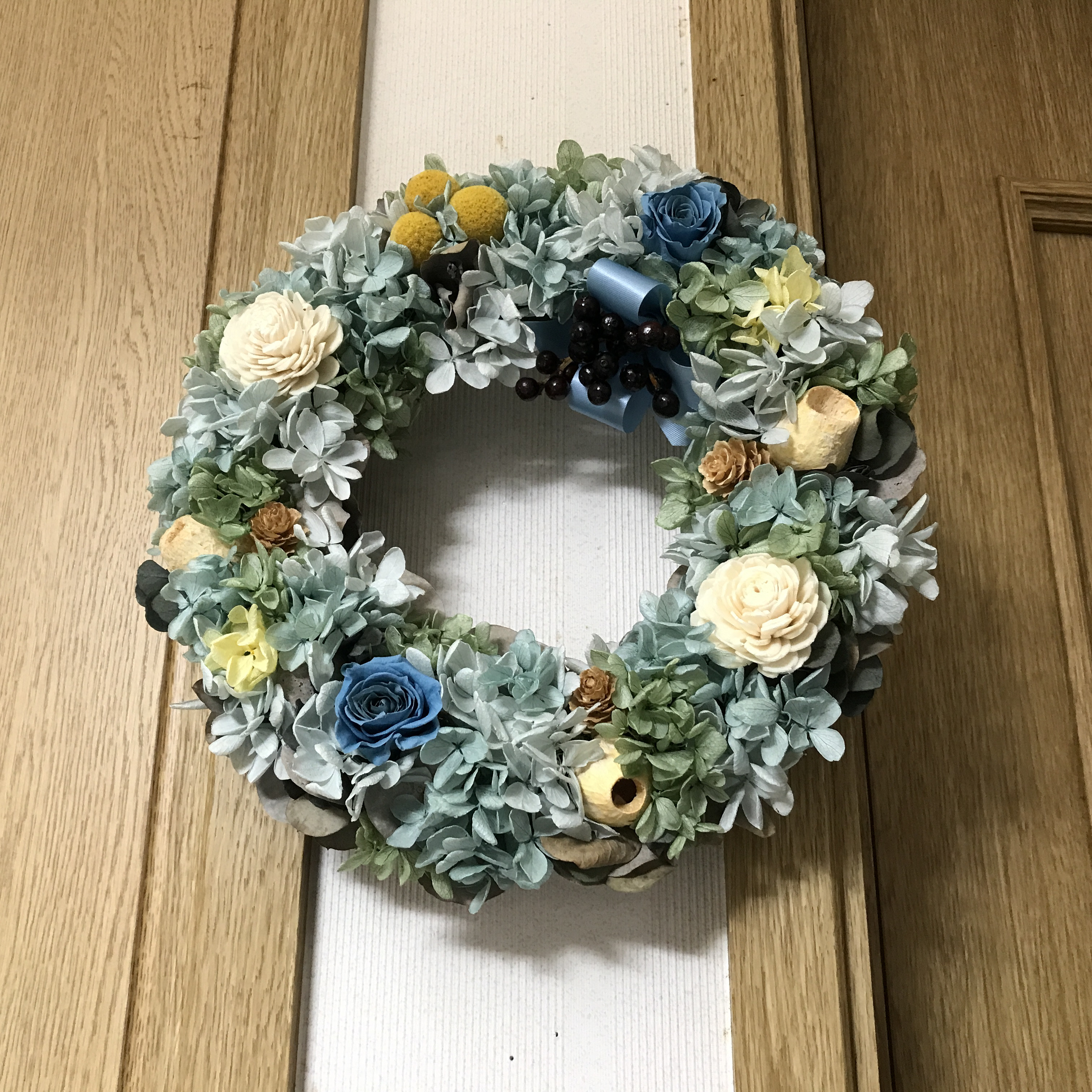 《新作＊特別価格》くすみカラーのプリザーブドローズとアジサイのブルーグリーンリース（1点限定）