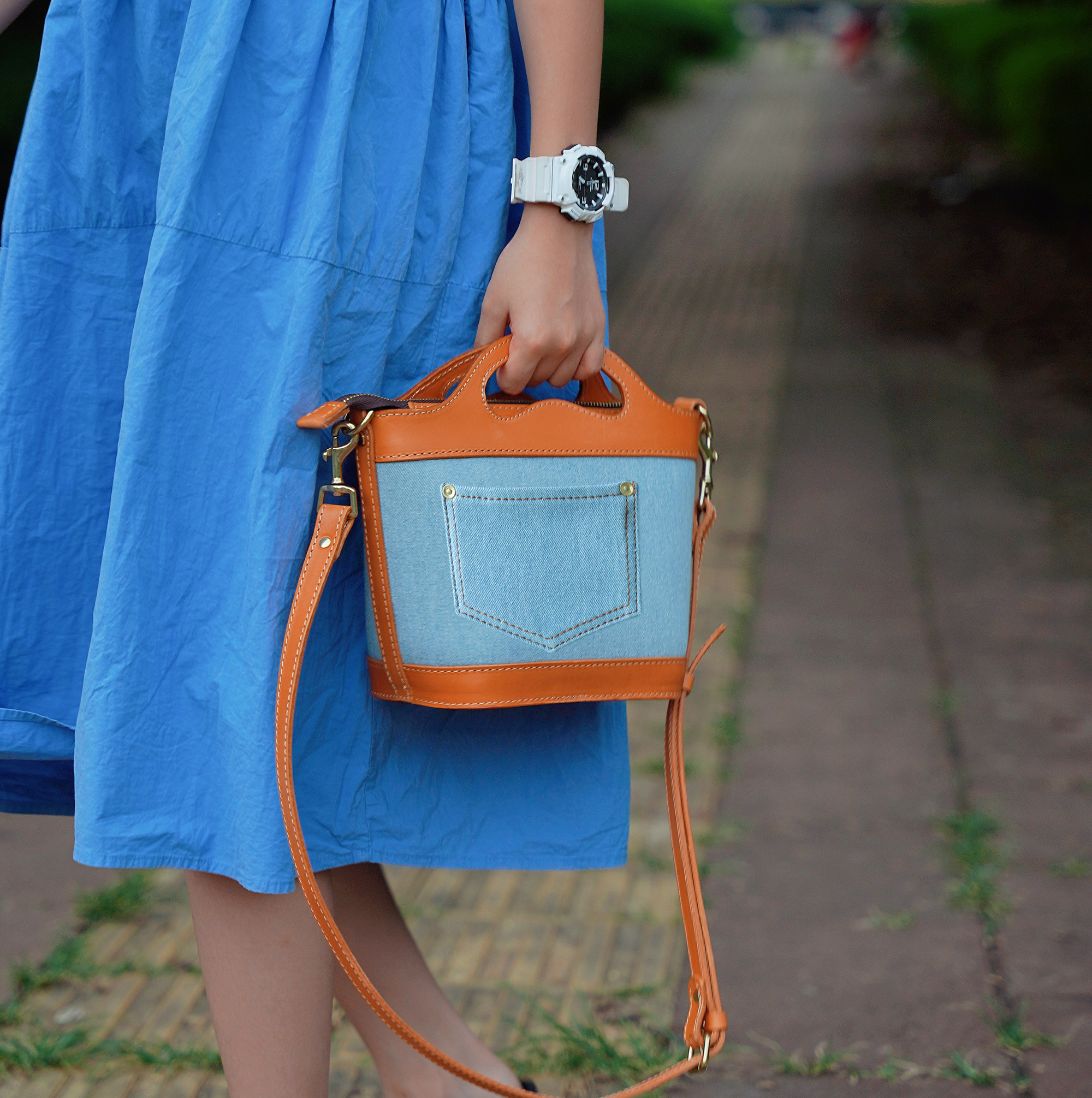 「デニム×革の組み合わせ」バスケットバッグ トートバッグ ショルダーバッグ お出かけにピッタリ 2WAY 中型鞄