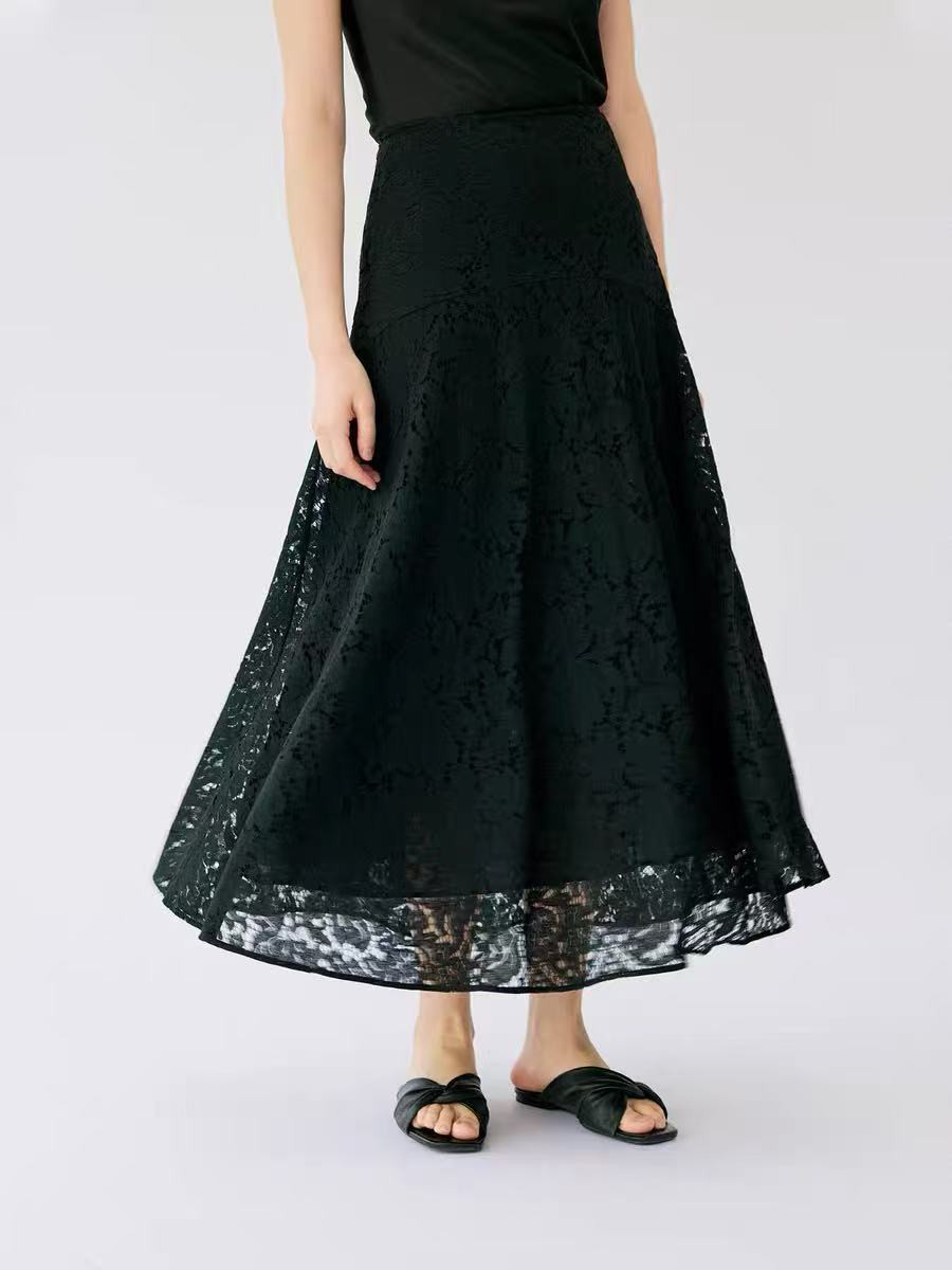 レーススカート　レトロ　ハイウエスト　Aライン　刺繡　ロングスカート