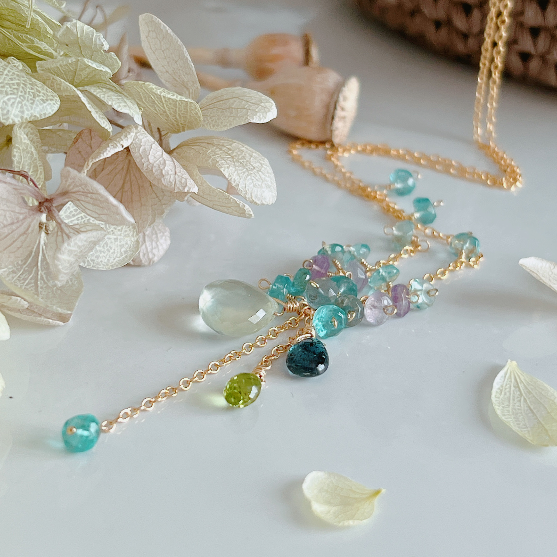 【14kgf】極上カット✨プレナイト×ピーコックカラー天然石＊ネックレス