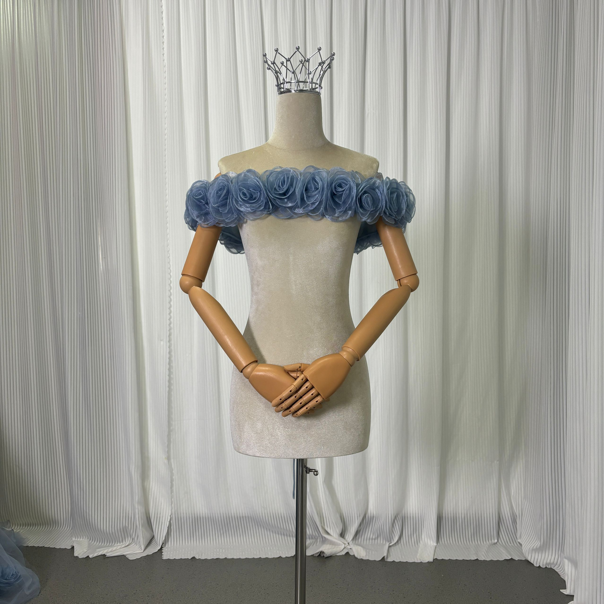 送料無料！取り外し可能なオフショルダー ブルーグレー 上質オーガンジー バラトレーン 編み上げ  カラードレス