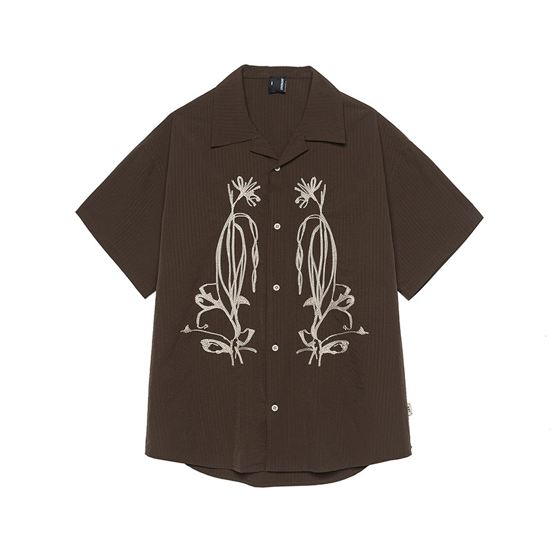 2025夏デザイン アメリカンレトロ カレッジスタイル クリエイティブ プリント植物刺繍 カジュアル シャツ メンズ 短