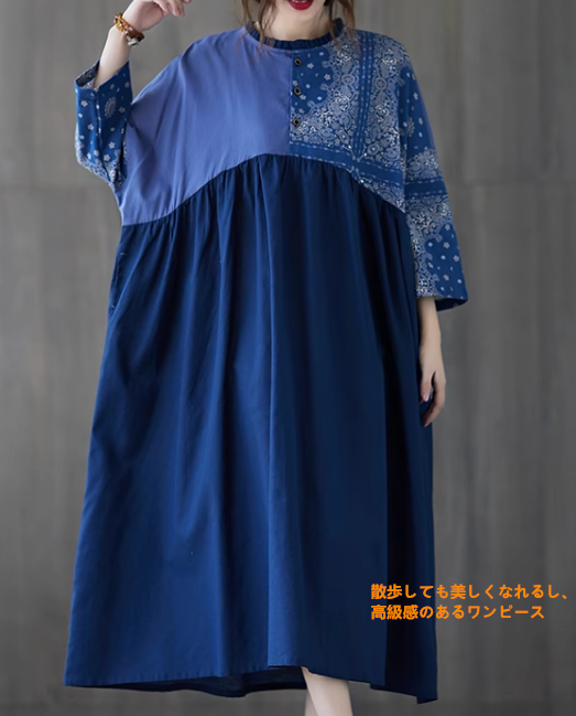 夏綿麻文芸プリントパッチワークカラー大振りスカートゆったりレトロワンピース