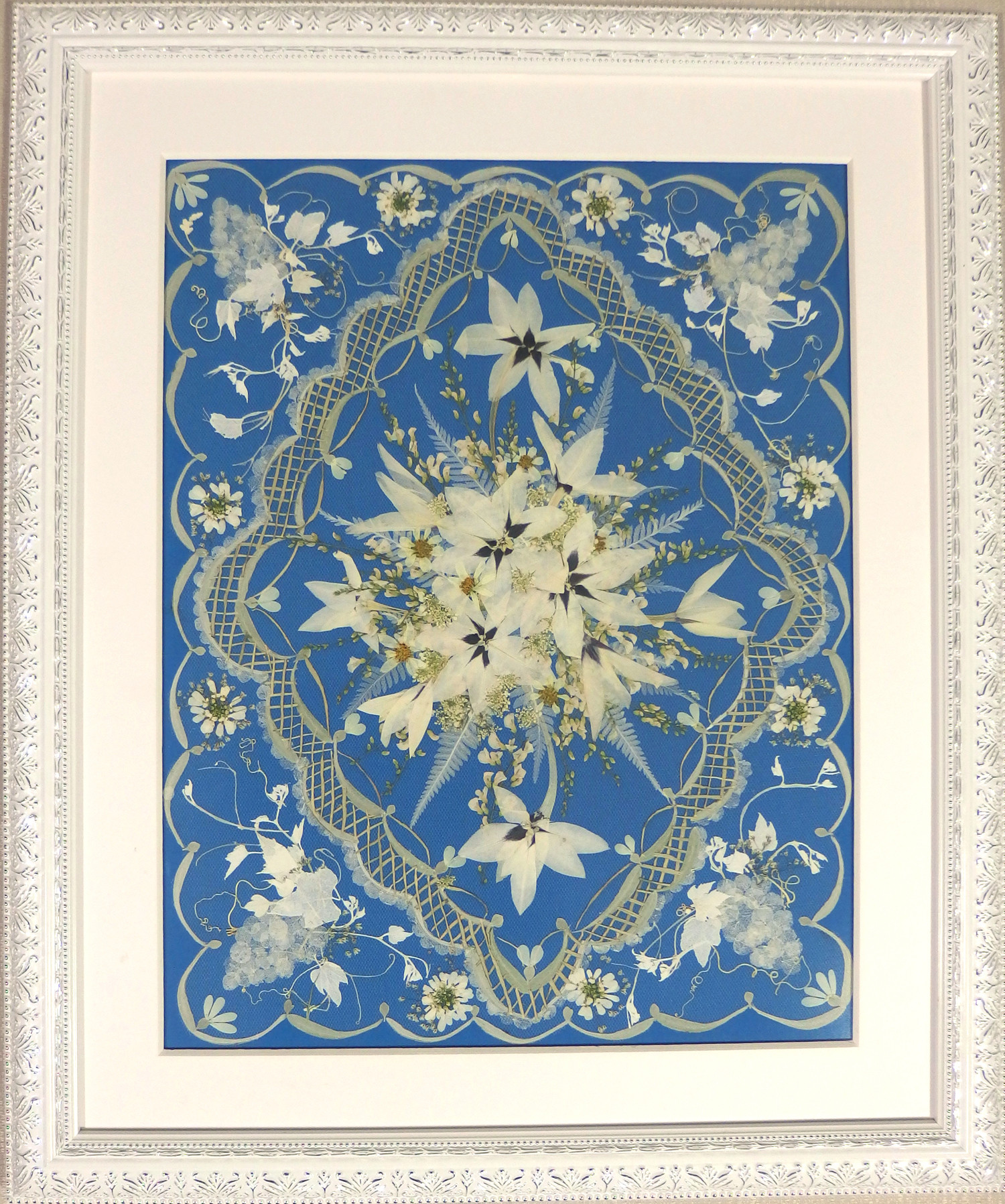 クリスマスセール　押し花額　押し花アート　白い花　展覧会出展作品　レース風　豪華　大きな額